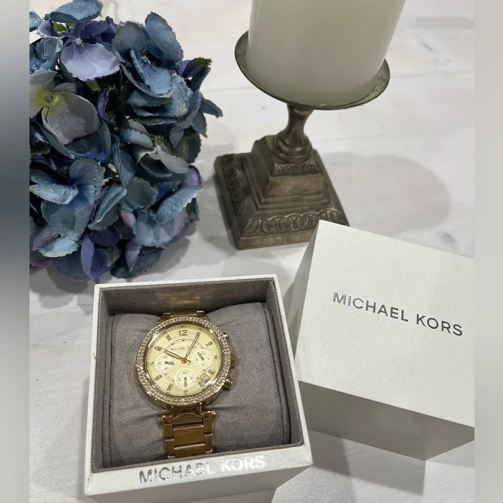 Michael Kors jeweled gold colored‎ watch with box, bag, pillow needs batteries
